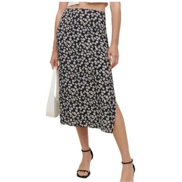 Reformation Phoebe midi black skirt white daisies size 0 with slit - Picture 1 of 8